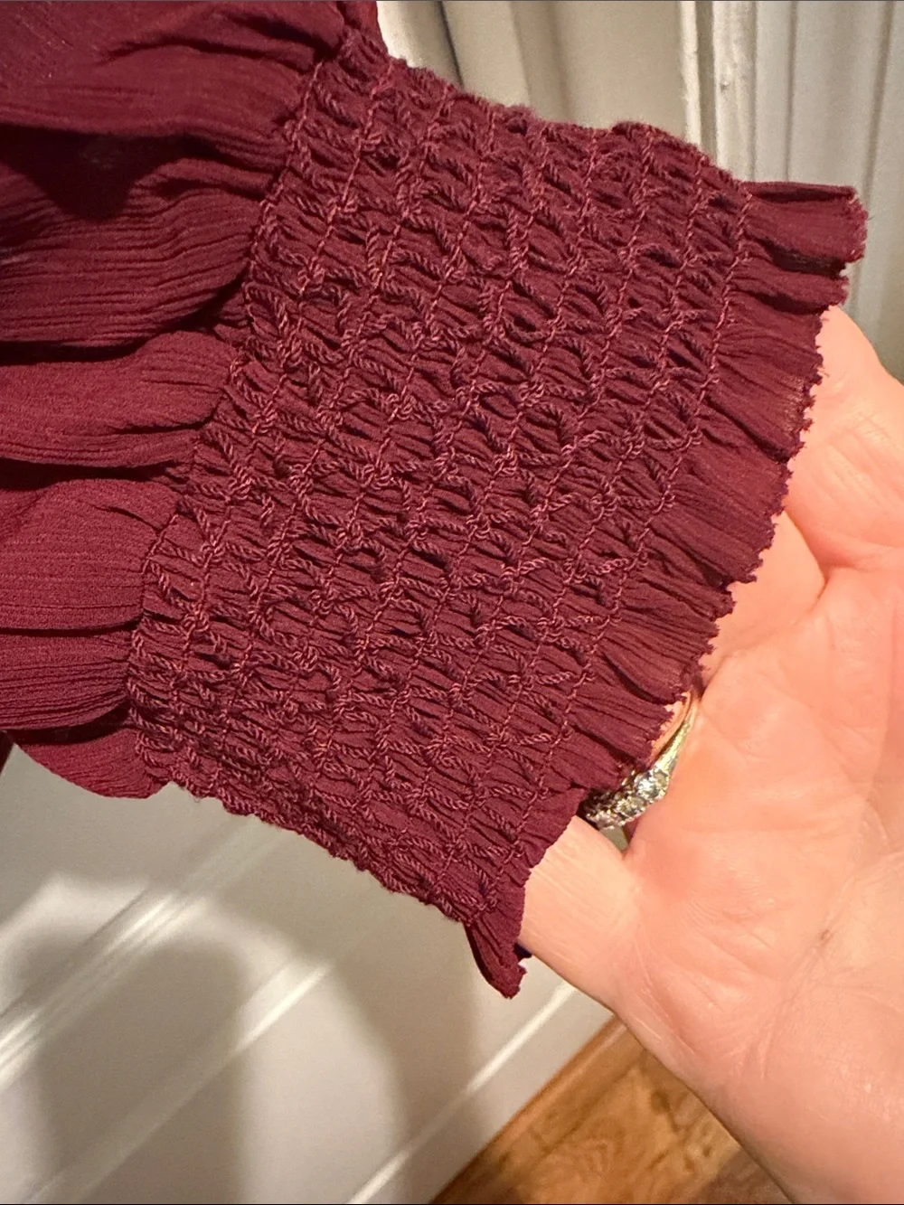 J. Crew Burgundy Smocked Mock Neck Blouse